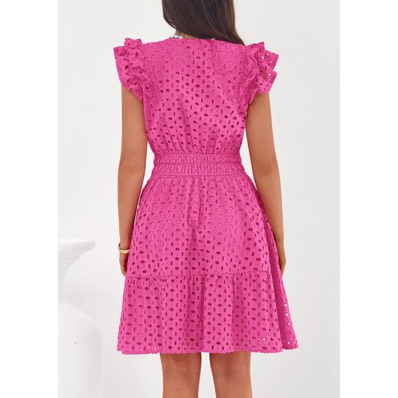 Women's Rose Red V Neck Eyelet Cap Sleeve Summer Beach Vacation Sundresseses - Picture 4 of 8